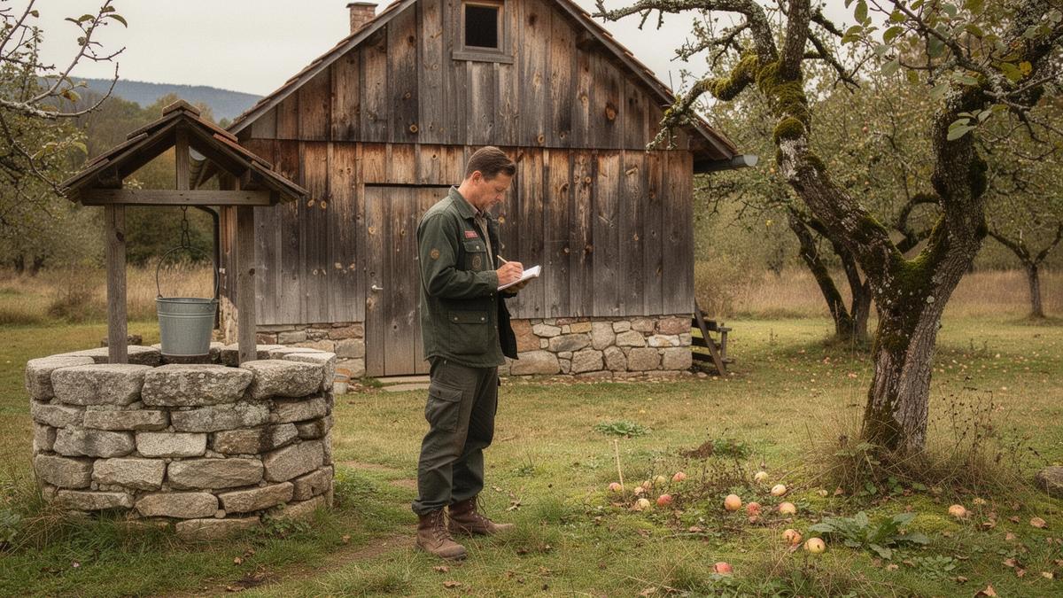 Scout walking a timber cottage plot with a well and old orchard at the edge of a village