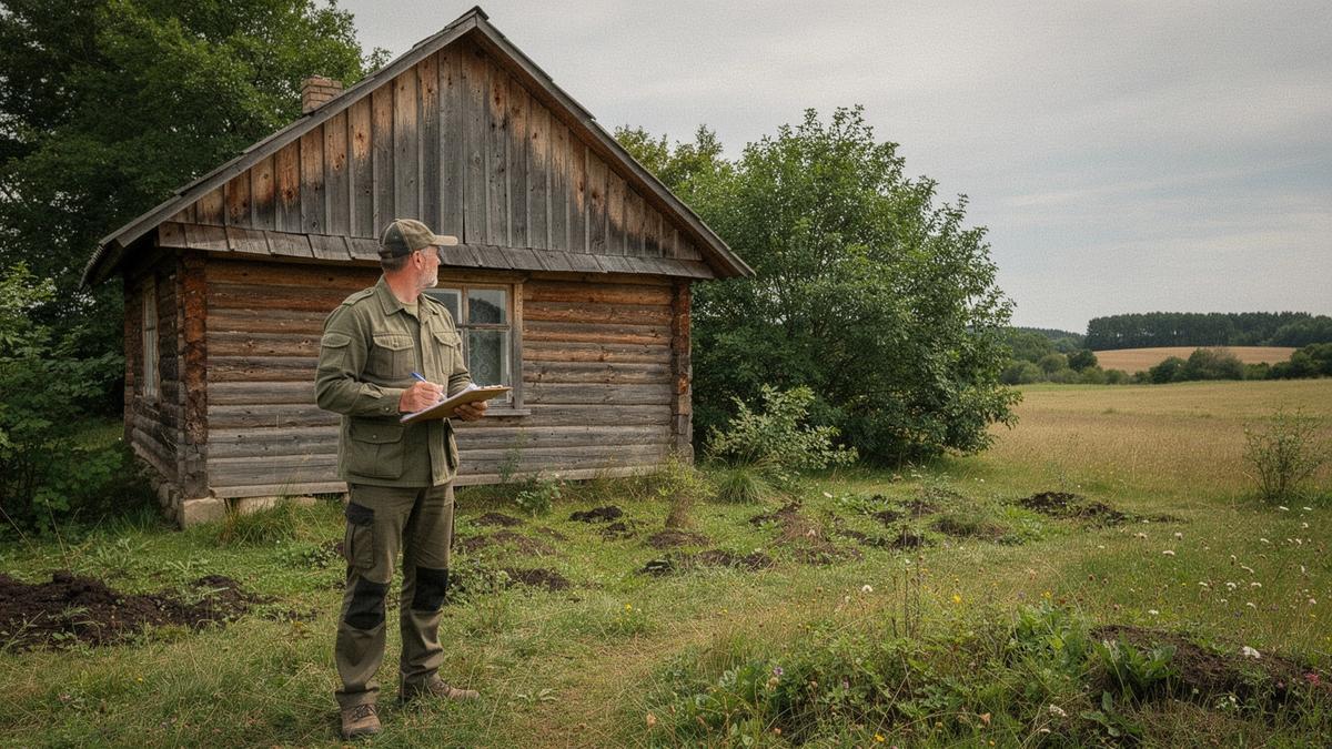 Local scout inspecting a grassy plot beside a timber cottage in western Ukraine