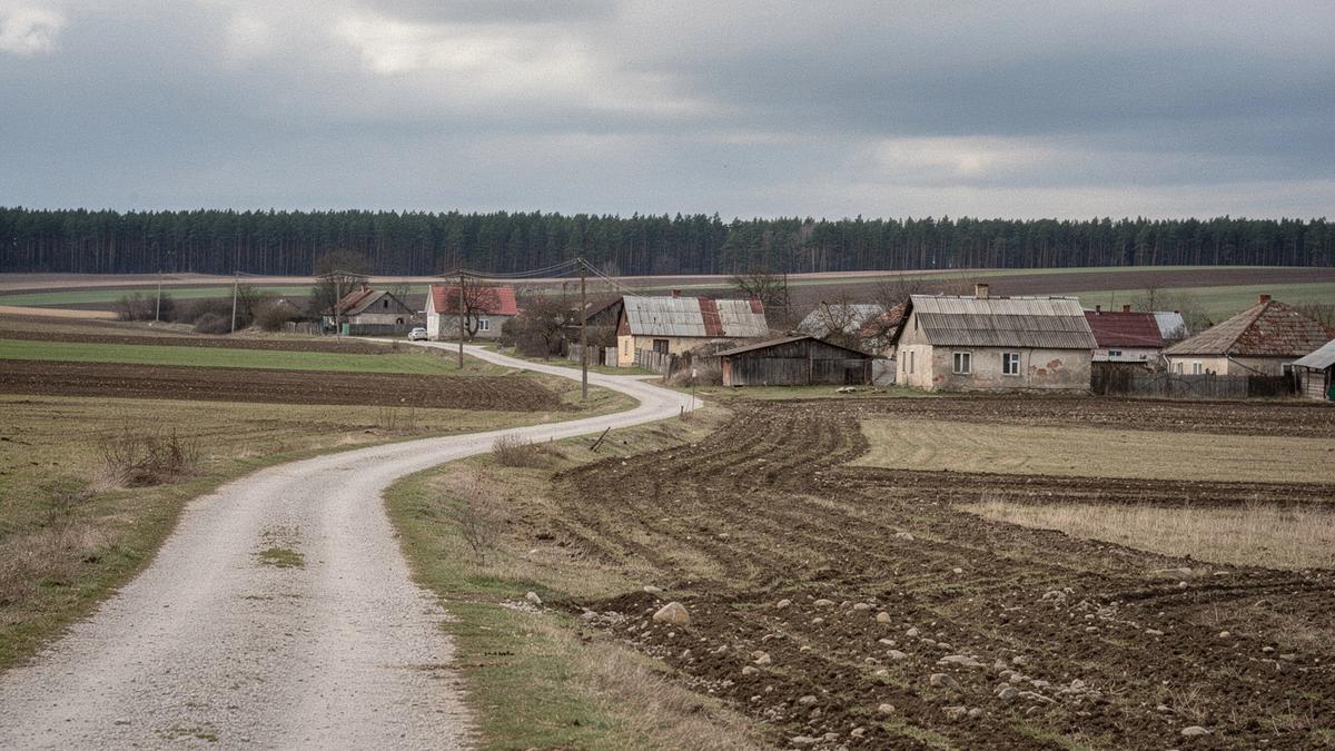 Rolling farmland and a gravel road leading to a small village in western Ukraine