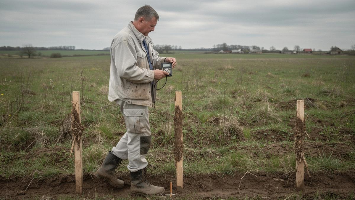Land scout walking a plot boundary during a verification visit near Lviv